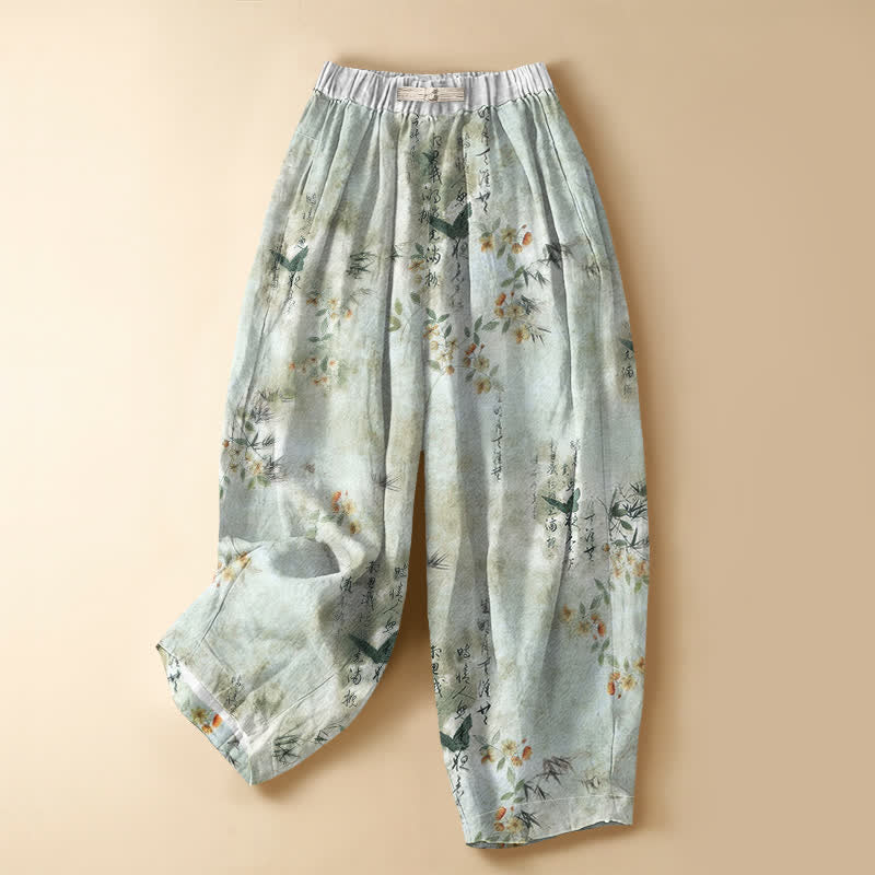 Buddha Stones Damen-Haremshose aus reiner Baumwolle mit Kalligrafie, Blumen- und Vogelmuster, Froschknopfverschluss, elastischem Bund und Taschen - Minzcreme - US16, UK/AU20, EU48 (3XL) - image 0
