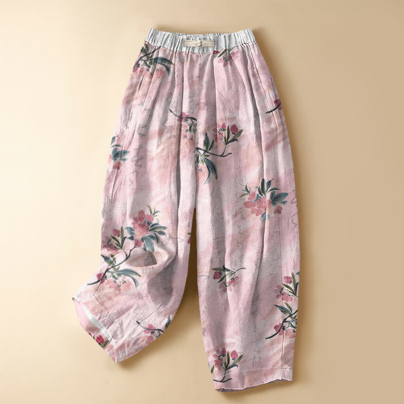 Buddha Stones Damen-Haremshose aus reiner Baumwolle mit romantischem Blüten- und Blattmuster, Froschknopfverschluss, elastischem Bund und Taschen - Rosa - US16, UK/AU20, EU48 (3XL) - image 0