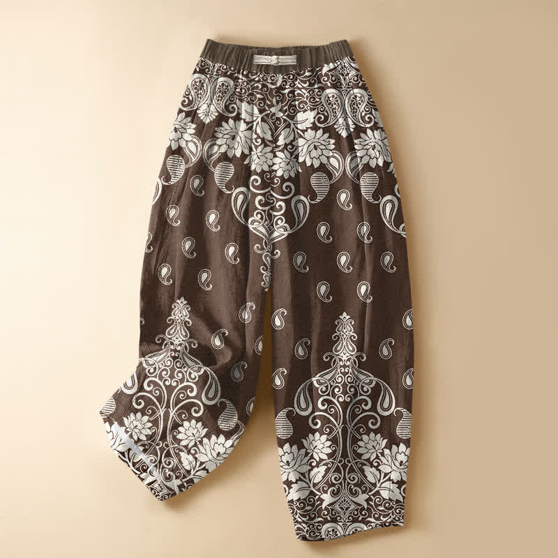 Buddha Stones Damen-Haremshose aus reiner Baumwolle mit Vintage-Bordüre, Paisley-Blütenmuster, Froschknopfverschluss, elastischem Bund und Taschen - Sattelbraun - US16, UK/AU20, EU48 (3XL) - image 0