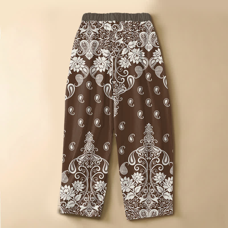 Buddha Stones Damen-Haremshose aus reiner Baumwolle mit Vintage-Bordüre, Paisley-Blütenmuster, Froschknopfverschluss, elastischem Bund und Taschen - image 1
