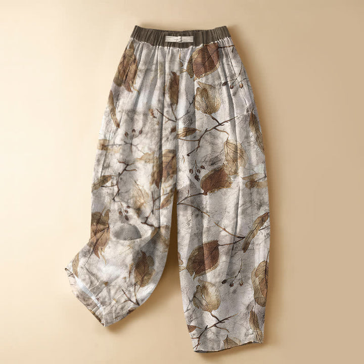 Buddha Stones Haremshose aus reiner Baumwolle mit botanischem Herbstblattmuster, Froschknopfverschluss, elastischem Bund und Taschen - Leinen - US16, UK/AU20, EU48 (3XL) - image 0