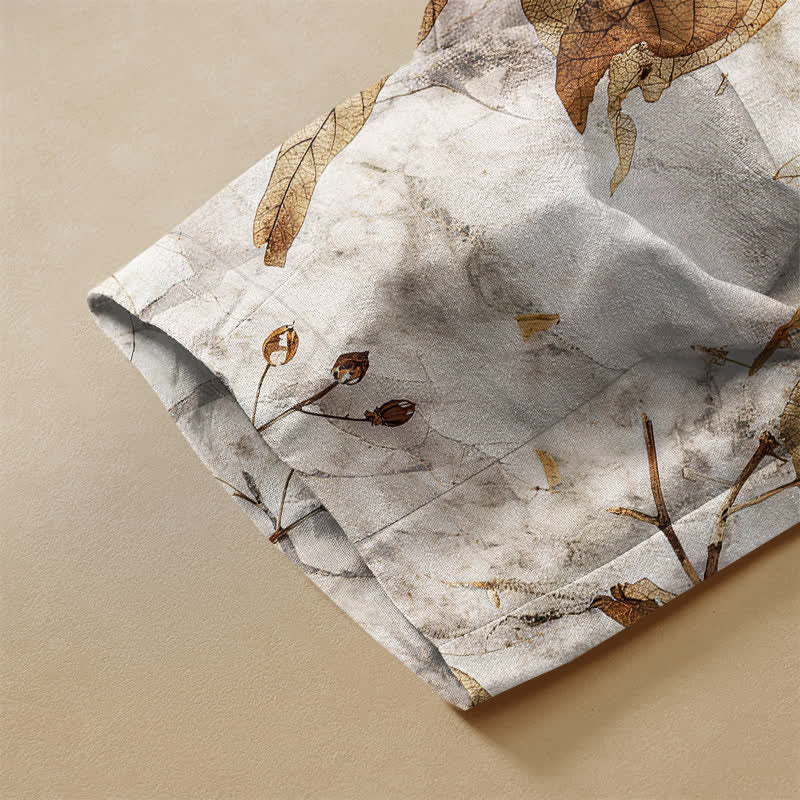 Buddha Stones Haremshose aus reiner Baumwolle mit botanischem Herbstblattmuster, Froschknopfverschluss, elastischem Bund und Taschen - image 2