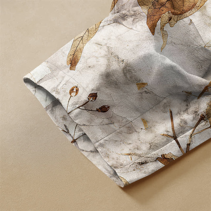 Buddha Stones Haremshose aus reiner Baumwolle mit botanischem Herbstblattmuster, Froschknopfverschluss, elastischem Bund und Taschen - image 2