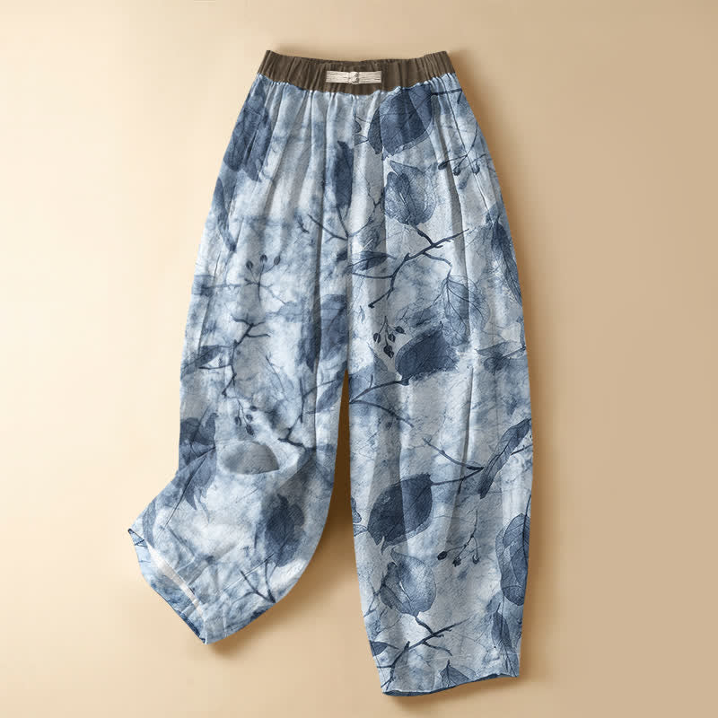 Buddha Stones Haremshose aus reiner Baumwolle mit botanischem Herbstblattmuster, Froschknopfverschluss, elastischem Bund und Taschen - Hellblau - US16, UK/AU20, EU48 (3XL) - image 7