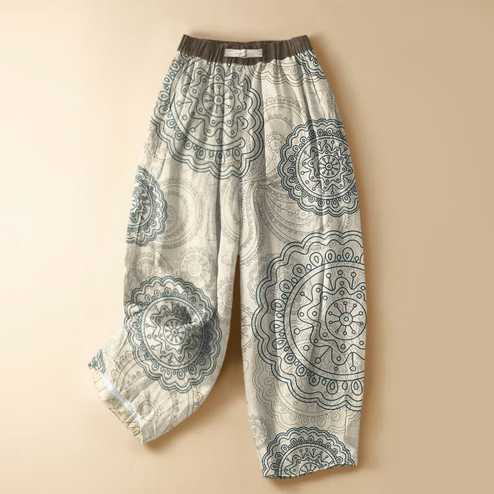 Buddha Stones Damen-Haremshose aus reiner Baumwolle mit Boho-Mandala-Muster, Froschknöpfen, elastischem Bund und Taschen - Beige - US16, UK/AU20, EU48 (3XL) - image 0