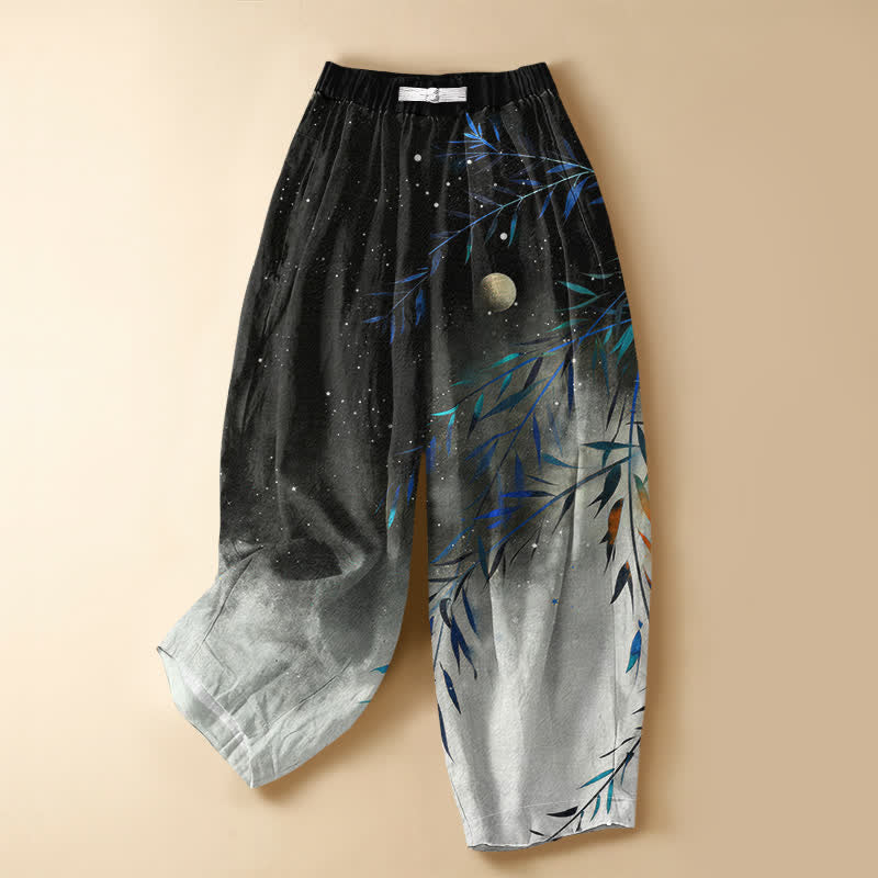 Buddha Stones Damen-Haremshose aus reiner Baumwolle mit Sternenmond-Bambusmuster, Froschknopfverschluss, elastischem Bund und Taschen - Schwarz - US16, UK/AU20, EU48 (3XL) - image 0