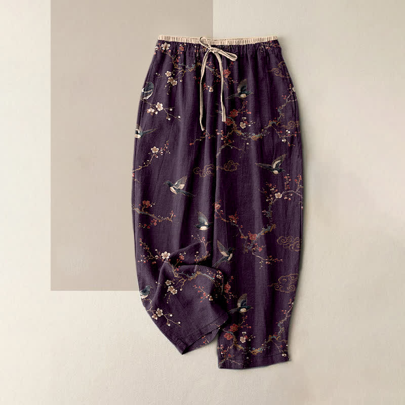 Buddha Stones Elegante Damenhose aus reiner Baumwolle mit Vogel- und Blütenmuster, elastischem Bund und Taschen - Lila - US16, UK/AU20, EU48 (3XL) - image 0
