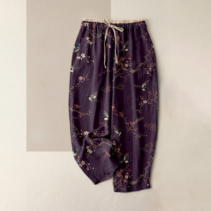 Buddha Stones Elegante Damenhose aus reiner Baumwolle mit Vogel- und Blütenmuster, elastischem Bund und Taschen - Lila - US16, UK/AU20, EU48 (3XL) - image 0