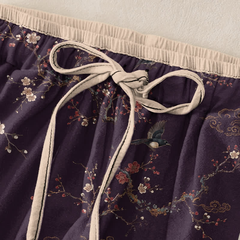 Buddha Stones Elegante Damenhose aus reiner Baumwolle mit Vogel- und Blütenmuster, elastischem Bund und Taschen - image 1
