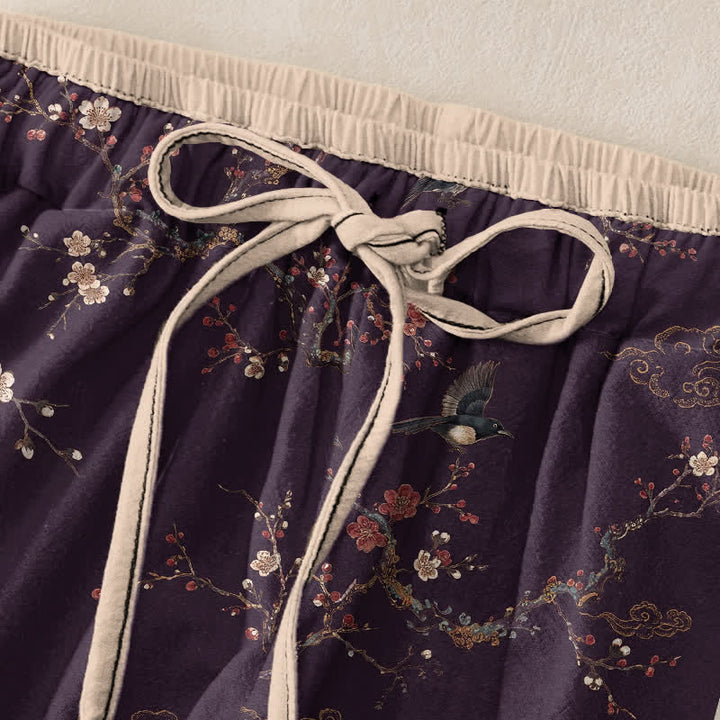 Buddha Stones Elegante Damenhose aus reiner Baumwolle mit Vogel- und Blütenmuster, elastischem Bund und Taschen - image 1