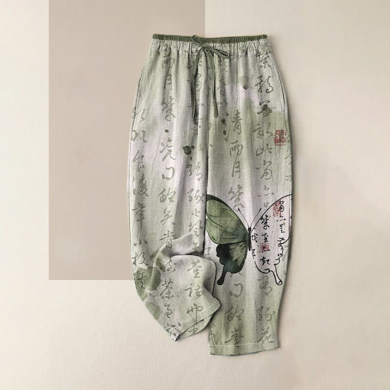Buddha Stones Damenhose aus reiner Baumwolle mit künstlerischem Schmetterlingsmuster in Schriftform, elastischem Bund und Taschen - Minzcreme - US16, UK/AU20, EU48 (3XL) - image 0