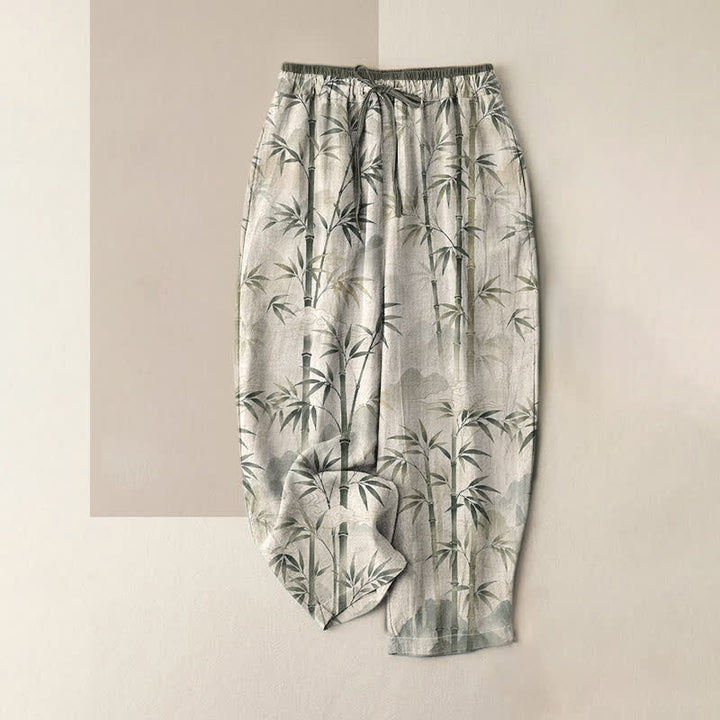 Buddha Stones Damenhose aus reiner Baumwolle mit Zen-Bambusblattmuster, elastischem Bund und Taschen - Leinen - US16, UK/AU20, EU48 (3XL) - image 0