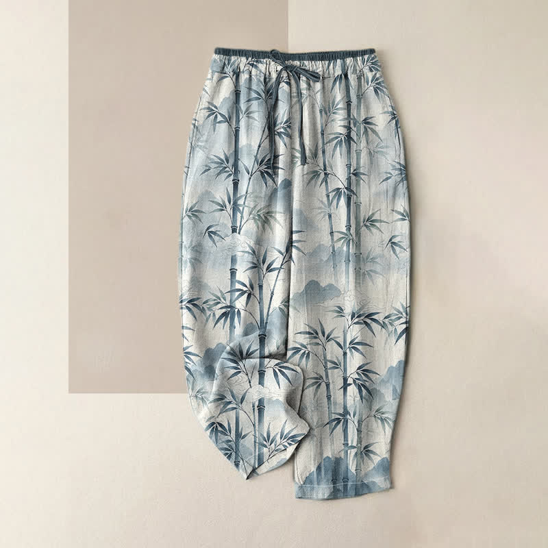 Buddha Stones Damenhose aus reiner Baumwolle mit Zen-Bambusblattmuster, elastischem Bund und Taschen - Hellblau - US16, UK/AU20, EU48 (3XL) - image 3