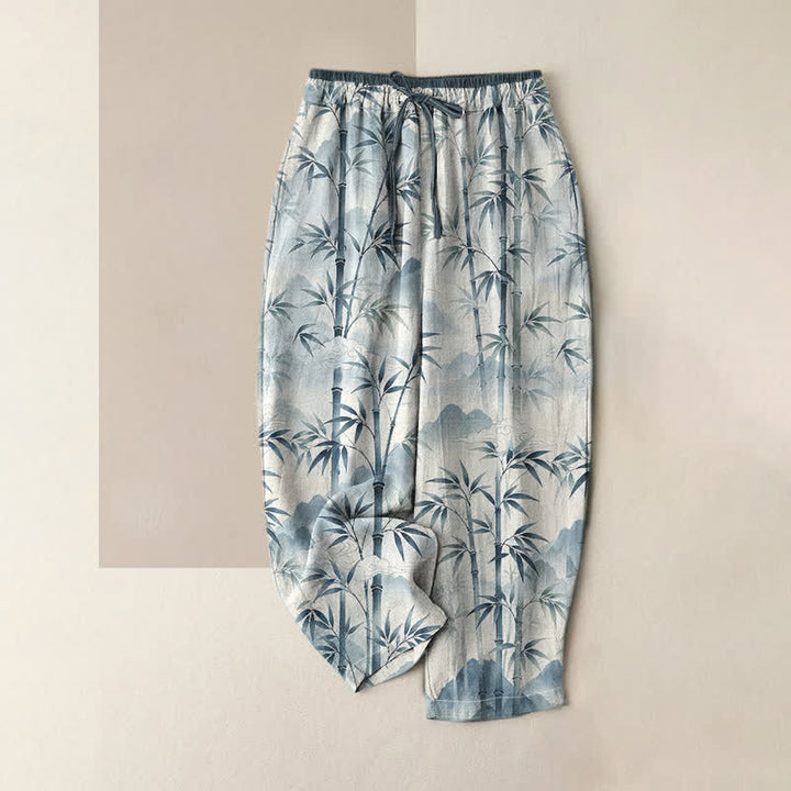 Buddha Stones Damenhose aus reiner Baumwolle mit Zen-Bambusblattmuster, elastischem Bund und Taschen - Hellblau - US16, UK/AU20, EU48 (3XL) - image 3