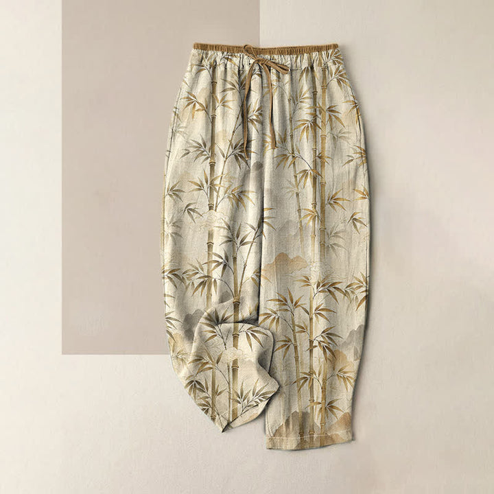 Buddha Stones Damenhose aus reiner Baumwolle mit Zen-Bambusblattmuster, elastischem Bund und Taschen - Blassgoldenrode - US16, UK/AU20, EU48 (3XL) - image 4
