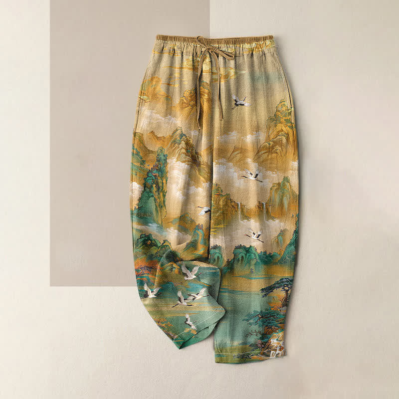Buddha Stones Damenhose aus reiner Baumwolle mit Kranichmuster in den Bergen, elastischem Bund und Taschen - Weizen - US16, UK/AU20, EU48 (3XL) - image 0