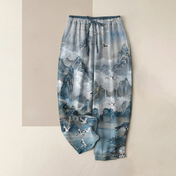 Buddha Stones Damenhose aus reiner Baumwolle mit Kranichmuster in den Bergen, elastischem Bund und Taschen - Kadettenblau - US16, UK/AU20, EU48 (3XL) - image 3