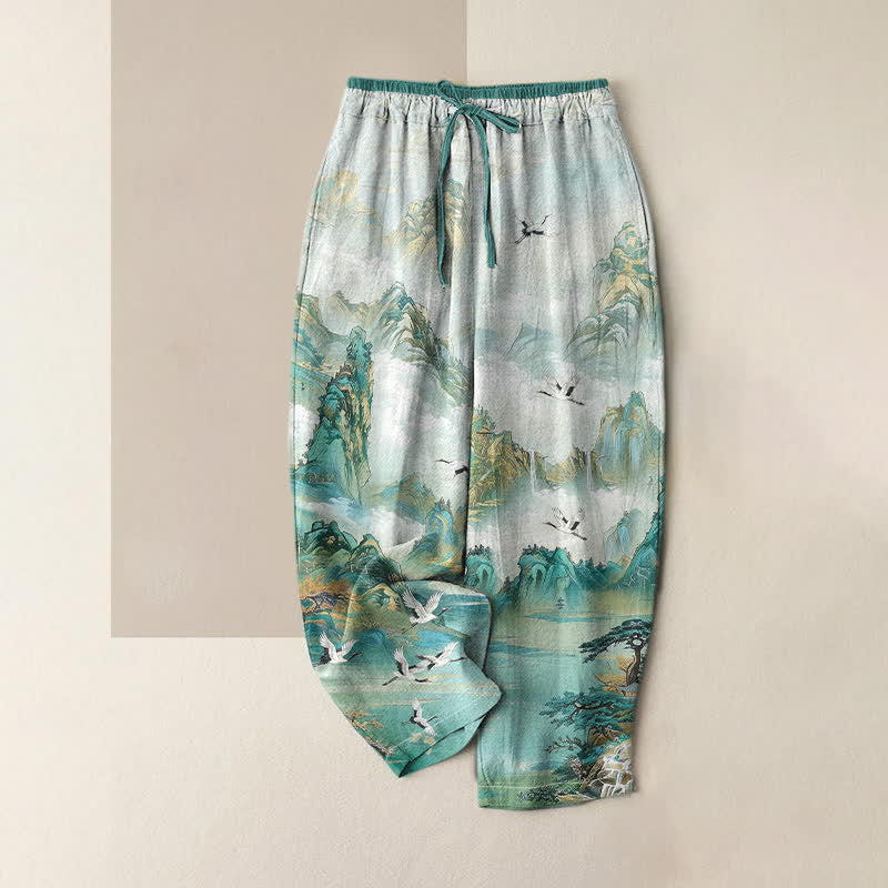 Buddha Stones Damenhose aus reiner Baumwolle mit Kranichmuster in den Bergen, elastischem Bund und Taschen - Türkis - US16, UK/AU20, EU48 (3XL) - image 4