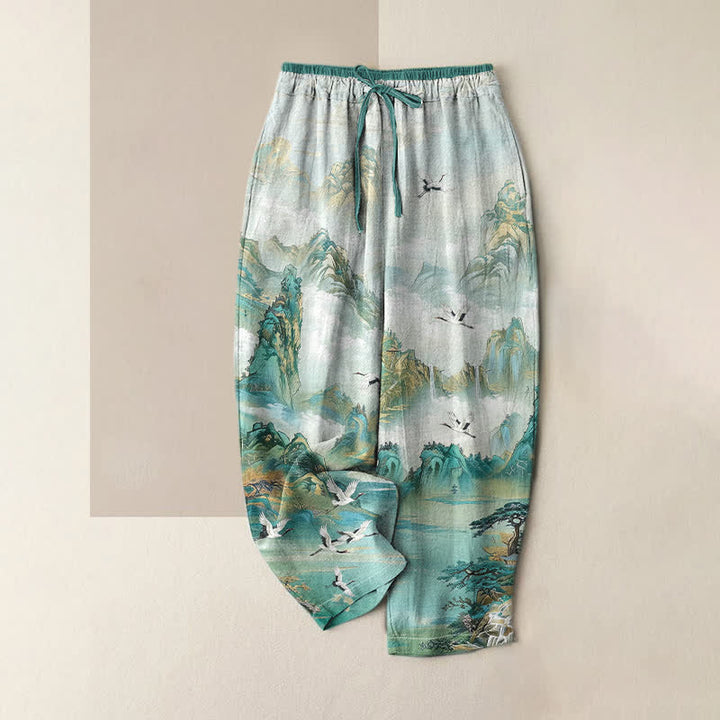 Buddha Stones Damenhose aus reiner Baumwolle mit Kranichmuster in den Bergen, elastischem Bund und Taschen - Türkis - US16, UK/AU20, EU48 (3XL) - image 4