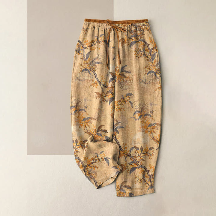 Buddha Stones Damenhose aus reiner Baumwolle mit Vintage-Blumenmuster, elastischem Bund und Taschen - Goldrute - US16, UK/AU20, EU48 (3XL) - image 0