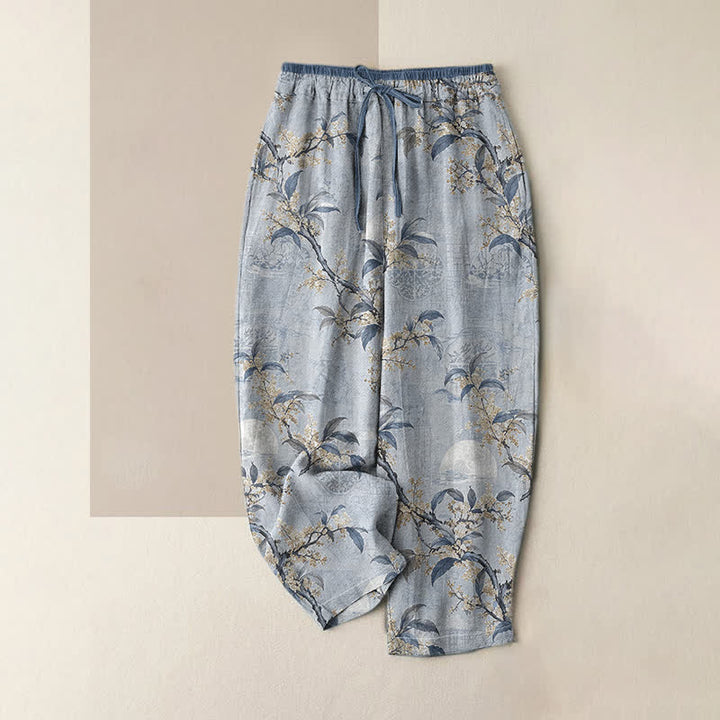 Buddha Stones Damenhose aus reiner Baumwolle mit Vintage-Blumenmuster, elastischem Bund und Taschen - Hellblau - US16, UK/AU20, EU48 (3XL) - image 4
