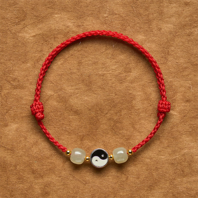 Buddha Stones Yin-Yang-Armband aus Hetian-Jadeperlen mit roter Schnur - Dunkelroter Faden - 6,3-7,1 Zoll (16-18 cm) - image 0