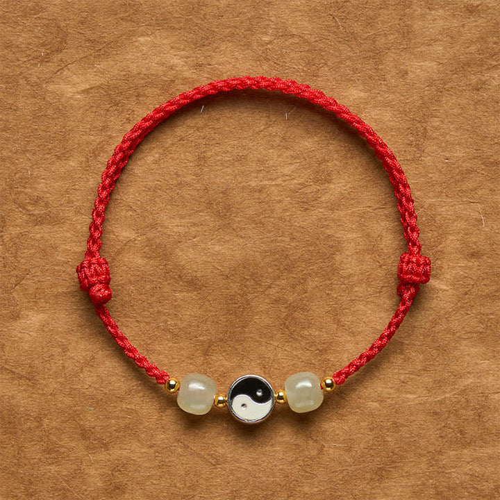 Buddha Stones Yin-Yang-Armband aus Hetian-Jadeperlen mit roter Schnur - Dunkelroter Faden - 6,3-7,1 Zoll (16-18 cm) - image 0
