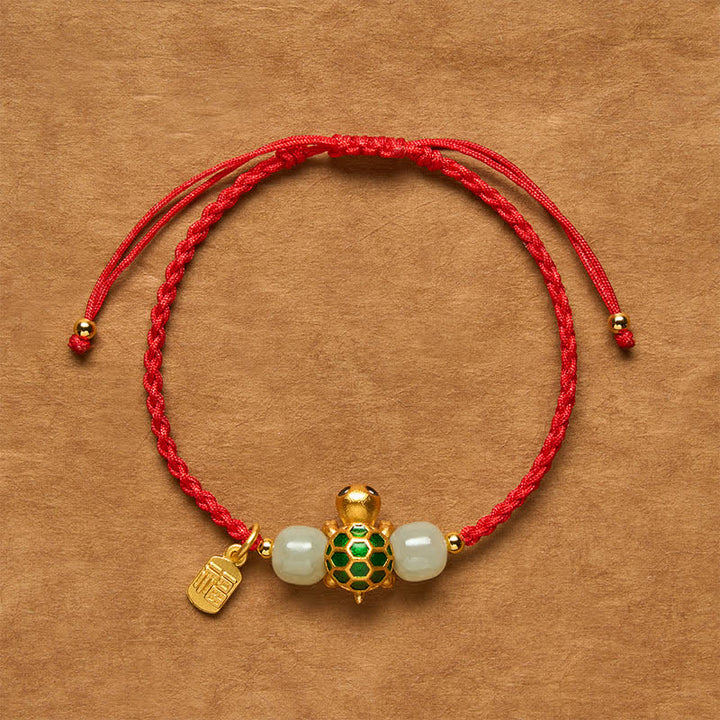 Buddha Stones Kupfernes Schildkröten-Fu-Charakter-Hetian-Jade-Rotfaden-Wohlstandsarmband - Schildkröten-Armband aus roter Schnur - 5,5–7,1 Zoll/14–18 cm - image 0