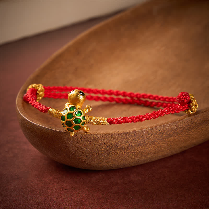 Buddha Stones Armband mit Schildkrötenmotiv, rotem Faden, Glücksbringer und geflochtenem Verbindungsarmband - image 1
