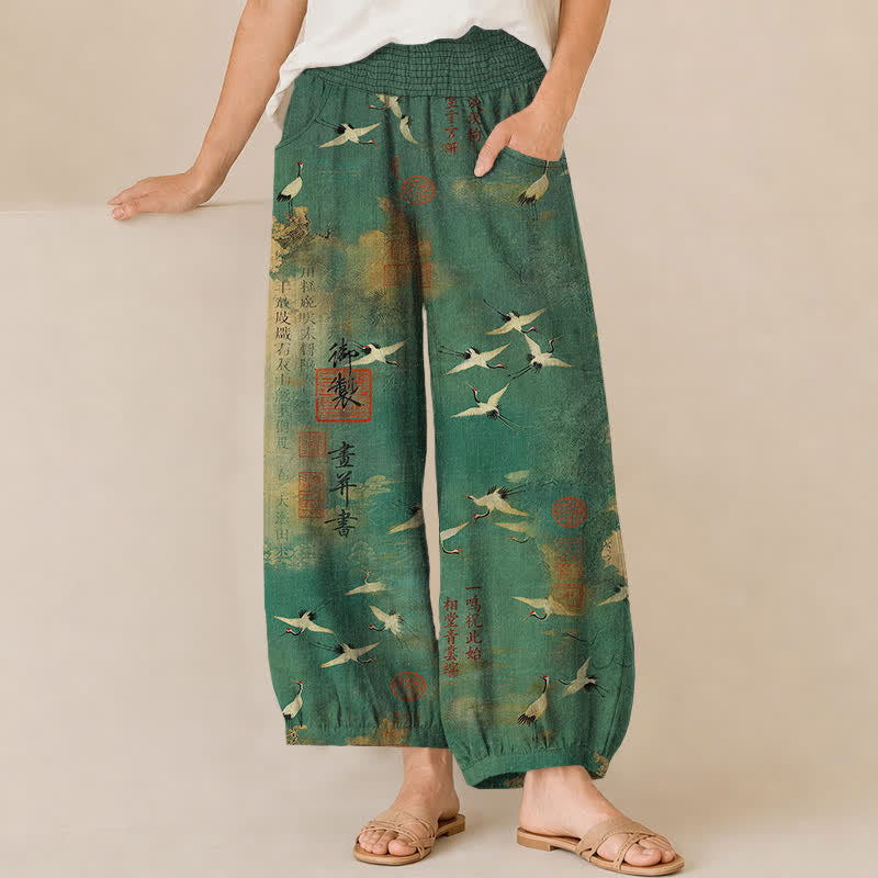 Buddha Stones Baumwoll-Haremshose für Damen mit orientalischem Kranich-Kalligrafiemuster, Faltenbund, elastischem Bund und Taschen - SeaGreen - US16, UK/AU20, EU48 (3XL) - image 0