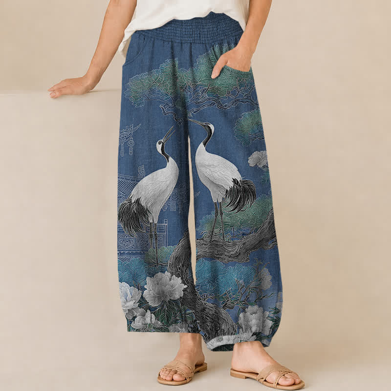 Buddha Stones Baumwoll-Haremshose für Damen mit orientalischem Kranich- und weißem Blütenmuster, Falten, elastischem Bund und Taschen - SteelBlue - US16, UK/AU20, EU48 (3XL) - image 0