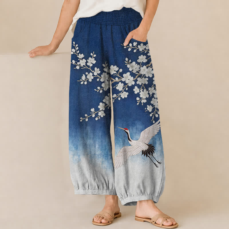Buddha Stones Baumwoll-Haremshose für Damen mit orientalischem Kranich- und Pflaumenblütenmuster, Faltenbund und Taschen - Blau - US16, UK/AU20, EU48 (3XL) - image 0