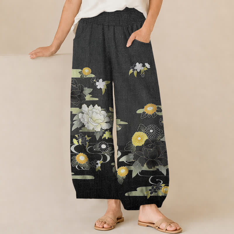Buddha Stones Baumwoll-Haremshose für Damen mit orientalischem Blumenmuster (Pfingstrosen), Falten, elastischem Bund und Taschen - Schwarz - US16, UK/AU20, EU48 (3XL) - image 0