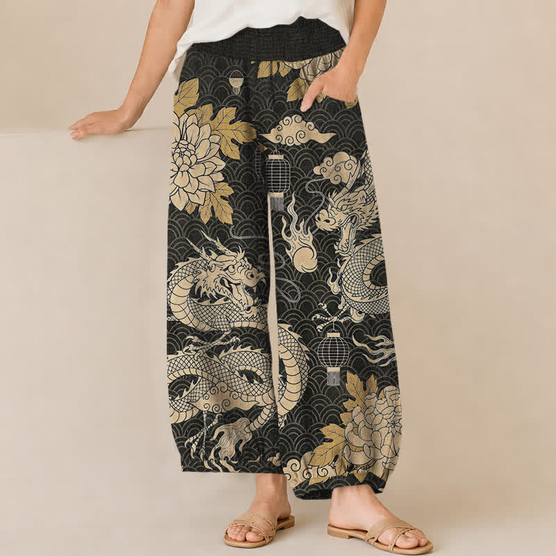 Buddha Stones Baumwoll-Haremshose für Damen mit orientalischem Drachen-, Lotus- und Wolkenmuster, Falten, elastischem Bund und Taschen - Schwarz - US16, UK/AU20, EU48 (3XL) - image 0