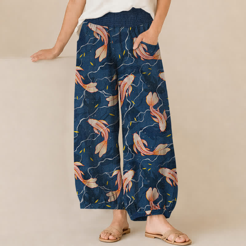 Buddha Stones Damen-Haremshose aus Baumwolle mit Koi-Fisch-Wellenmuster, Falten und elastischem Bund, mit Taschen - Marine - US16, UK/AU20, EU48 (3XL) - image 0