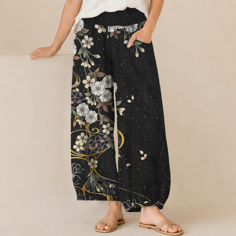Buddha Stones Damen-Haremshose aus Baumwolle mit asymmetrischem Blumenrankenmuster, Falten und elastischem Bund, Taschen - Schwarz - US16, UK/AU20, EU48 (3XL) - image 0