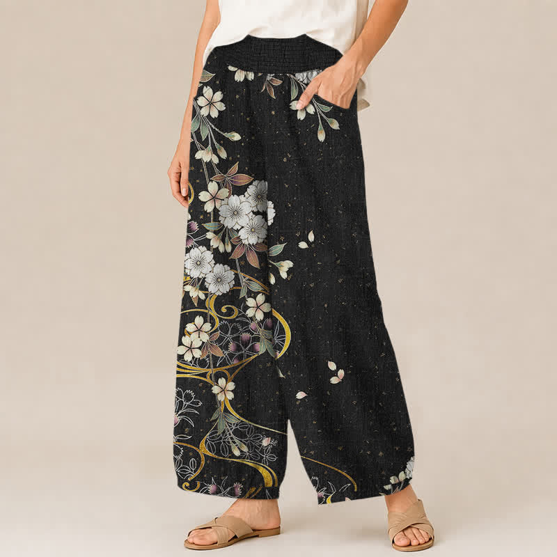 Buddha Stones Damen-Haremshose aus Baumwolle mit asymmetrischem Blumenrankenmuster, Falten und elastischem Bund, Taschen - image 1