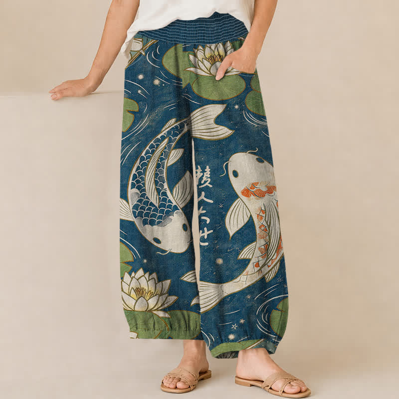 Buddha Stones Baumwoll-Haremshose für Damen mit orientalischem Koi-Fisch-Lotusmuster, Falten, elastischem Bund und Taschen - SteelBlue - US16, UK/AU20, EU48 (3XL) - image 0