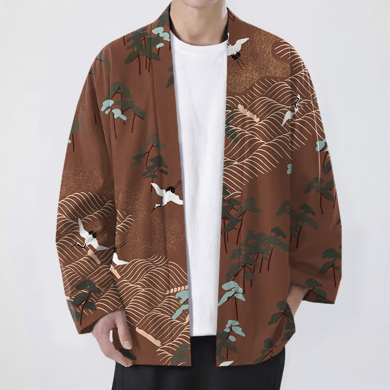Buddha Stones Baumwollkimono für Herren mit weißem Kranich-, Baum- und Wellenmuster, offener Vorderseite - Sienna - US/UK/AU48, EU58 (4XL) - image 0