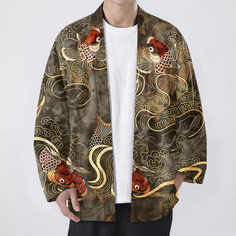 Buddha Stones Kimono für Herren aus Baumwolle mit rotem Koi-Fisch- und goldenem Wellenmuster sowie offener Vorderseite - Olive - US/UK/AU48, EU58 (4XL) - image 0