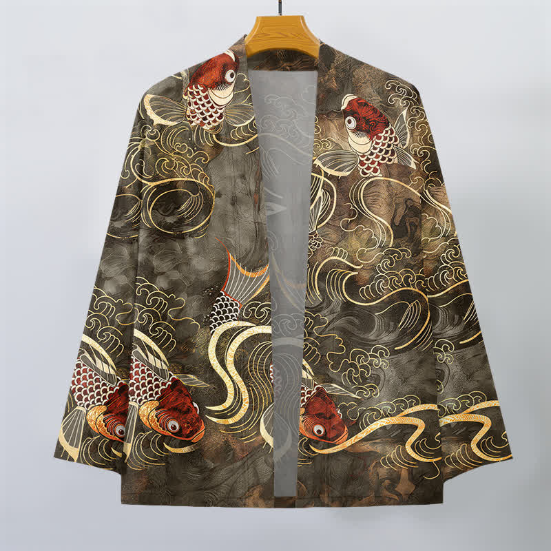 Buddha Stones Kimono für Herren aus Baumwolle mit rotem Koi-Fisch- und goldenem Wellenmuster sowie offener Vorderseite - image 1