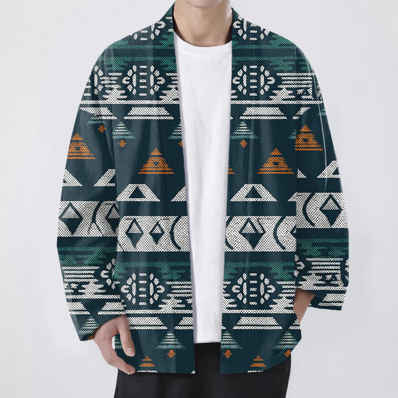 Buddha Stones Baumwollkimono für Herren mit türkisfarbenem, aztekischem geometrischem Muster und offener Vorderseite. - Türkis - US/UK/AU48, EU58 (4XL) - image 0