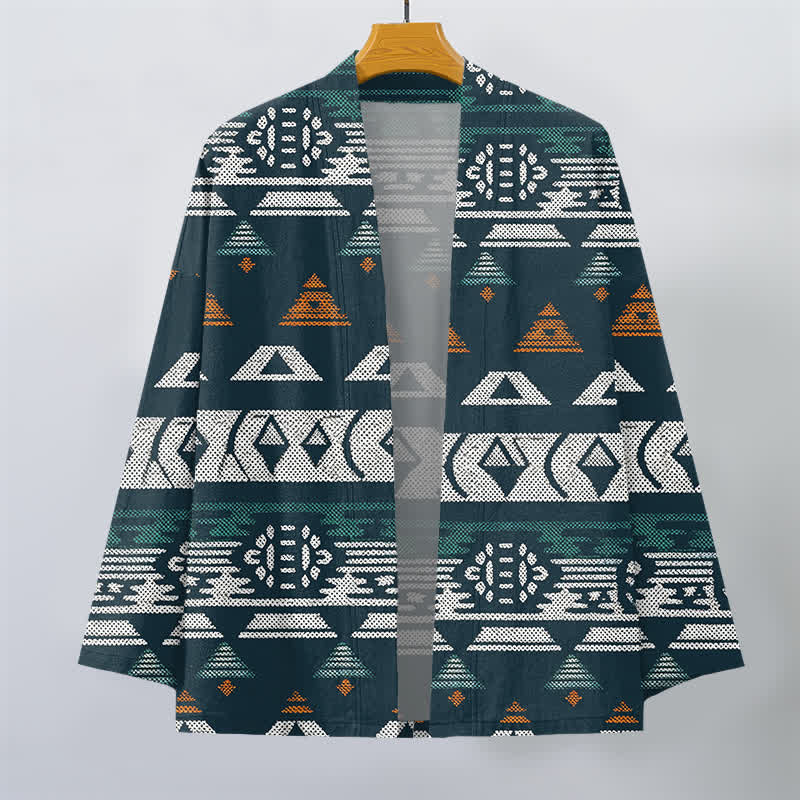 Buddha Stones Baumwollkimono für Herren mit türkisfarbenem, aztekischem geometrischem Muster und offener Vorderseite. - image 1