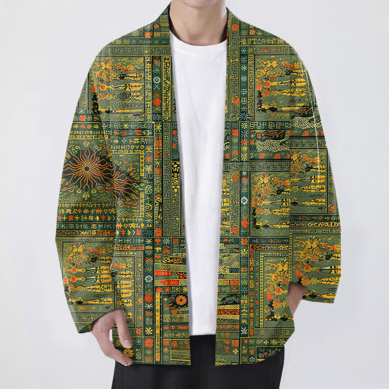 Buddha Stones Vintage-Kimono aus Baumwolle mit mehrfarbigem Patchwork-Blumenmuster und offener Vorderseite für Herren - Olive - US/UK/AU48, EU58 (4XL) - image 0