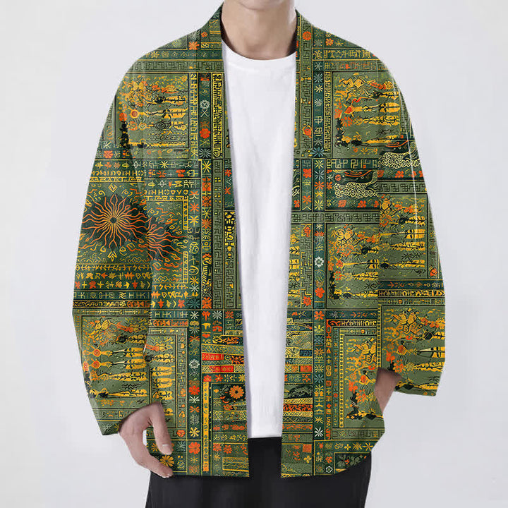 Buddha Stones Vintage-Kimono aus Baumwolle mit mehrfarbigem Patchwork-Blumenmuster und offener Vorderseite für Herren - Olive - US/UK/AU48, EU58 (4XL) - image 0