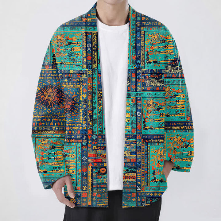 Buddha Stones Vintage-Kimono aus Baumwolle mit mehrfarbigem Patchwork-Blumenmuster und offener Vorderseite für Herren - Mitteltürkis - US/UK/AU48, EU58 (4XL) - image 6