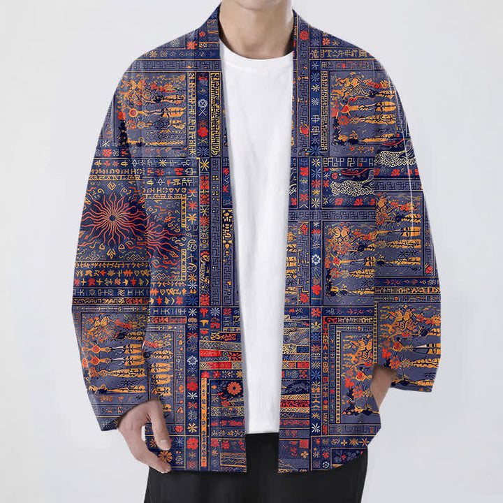 Buddha Stones Vintage-Kimono aus Baumwolle mit mehrfarbigem Patchwork-Blumenmuster und offener Vorderseite für Herren - Mittelviolett - US/UK/AU48, EU58 (4XL) - image 9