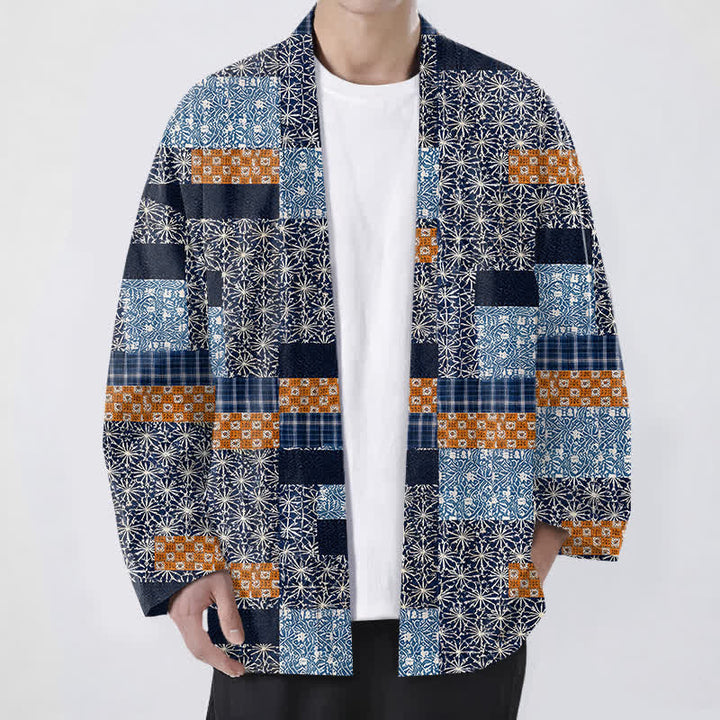 Buddha Stones Kimono für Herren aus Baumwolle mit geometrischem Patchwork-Muster und offener Vorderseite - Marine - US/UK/AU48, EU58 (4XL) - image 0