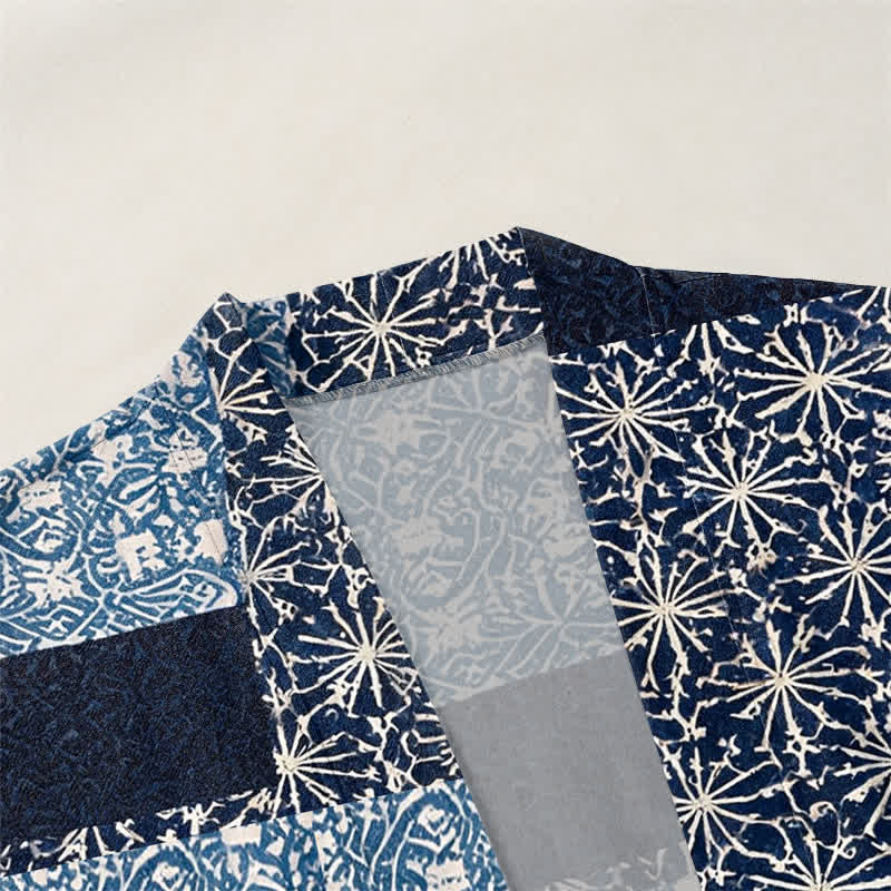 Buddha Stones Kimono für Herren aus Baumwolle mit geometrischem Patchwork-Muster und offener Vorderseite - image 3