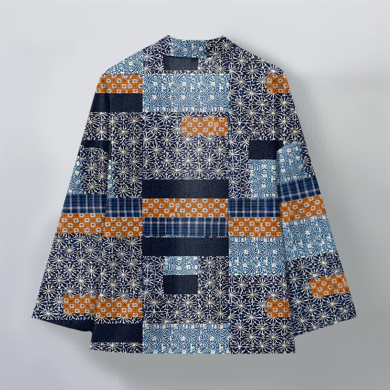 Buddha Stones Kimono für Herren aus Baumwolle mit geometrischem Patchwork-Muster und offener Vorderseite - image 2